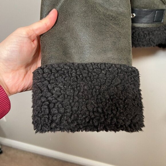 Zara Double Faced Aviator Faux Leather Jacket Size Small Green Shearling Sherpa - Picture 6 of 12